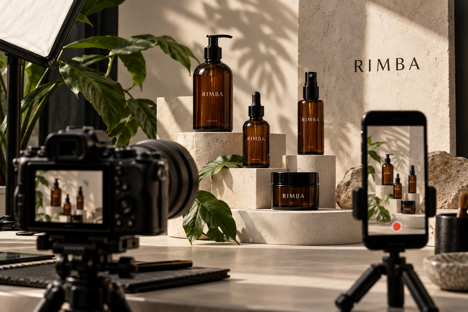 Konsep produksi kandungan RIMBA dengan kamera, telefon dan produk